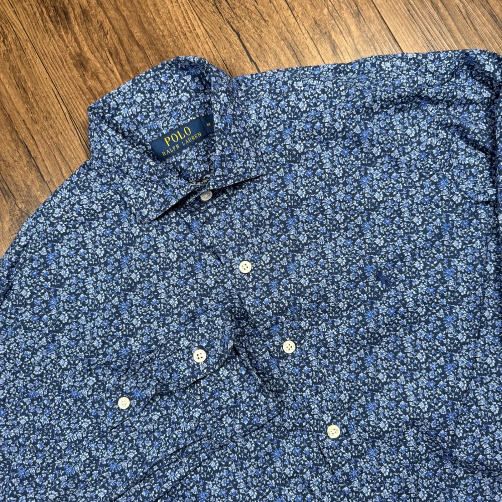 Polo Ralph Lauren Shirt Mens M Blue Floral Micro Print Button Down‎ Preppy LS